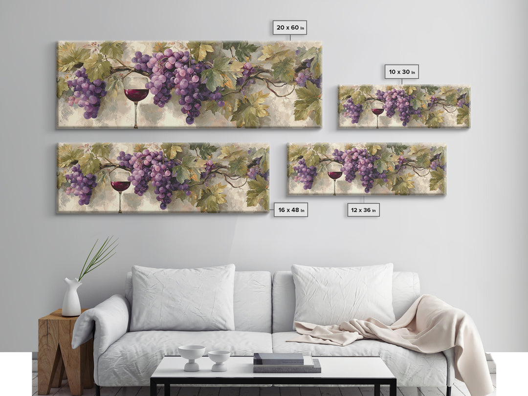 Grapevine Branch with Purple Grapes and Leaves Framed Canvas Print, Winery Art, Boho Decor, Winery Decor, Fine Art, Vineyard, WIN-3x1-89