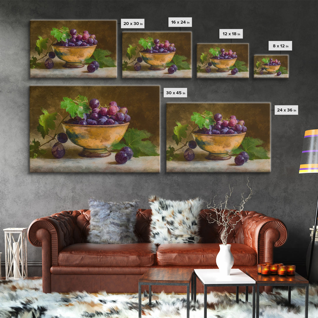 Grapes in a Ceramic Bowl with Shadows Canvas Print, Winery Art, Travel Poster, Winery Decor, Oil Painting, Vineyard, WIN-3x2-37