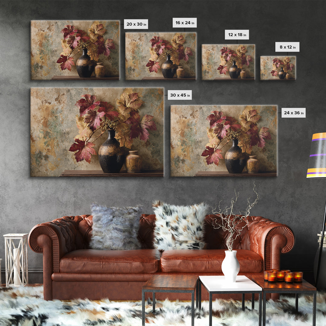 Vine Leaves Turning Autumn Red and Gold Framed Canvas Print, Winery Art, Contemporary Art, Winery Decor, Fine Art, Vineyard, WIN-3x2-39
