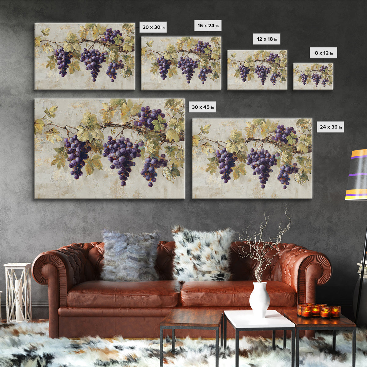 Grapevine Branch with Purple Grapes and Leaves Framed Canvas Print, Winery Art, Bar Art, Winery Decor, Oil Painting, Vineyard, WIN-3x2-5