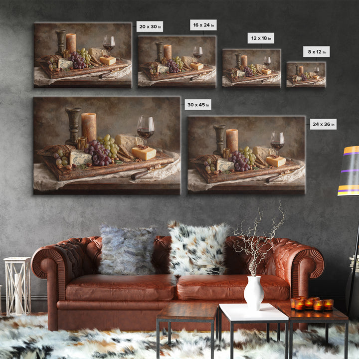 Charcuterie Board with Grapes and Cheese Framed Canvas Print, Winery Art, Cocktail Wall Art, Winery Decor, Watercolor Art, WIN-3x2-65