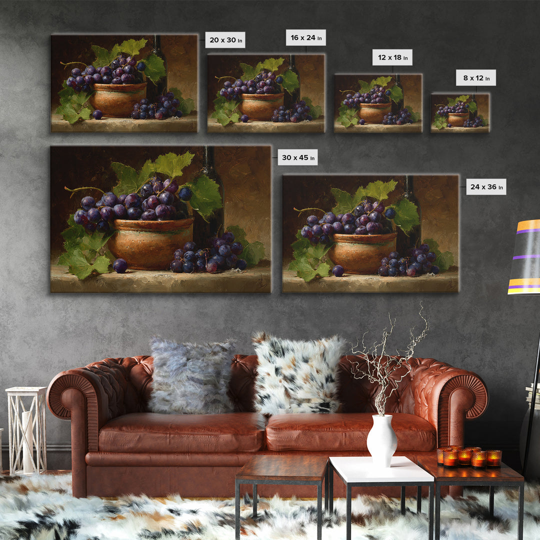 Grapes in a Ceramic Bowl with Shadows Framed Canvas Print, Winery Art, Statement Artwork, Winery Decor, Fine Art, Vineyard, WIN-3x2-85