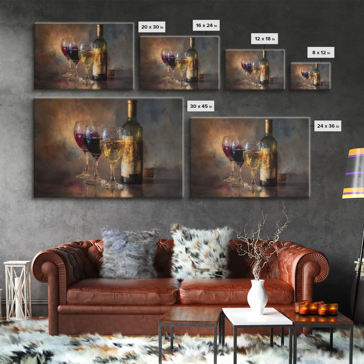 Wine Tasting Flight Rendered as Elegant Still Framed Canvas Print, Winery Art, Gallery Wall Art, Winery Decor, Vineyard, WIN-3x2-86