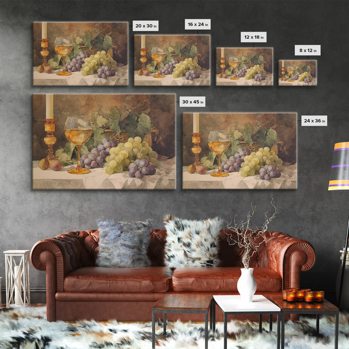 Champagne Grapes and White Linen Still Life Framed Canvas Print, Winery Art, Preppy Wall Art, Winery Decor, Fine Art, Vineyard, WIN-3x2-9