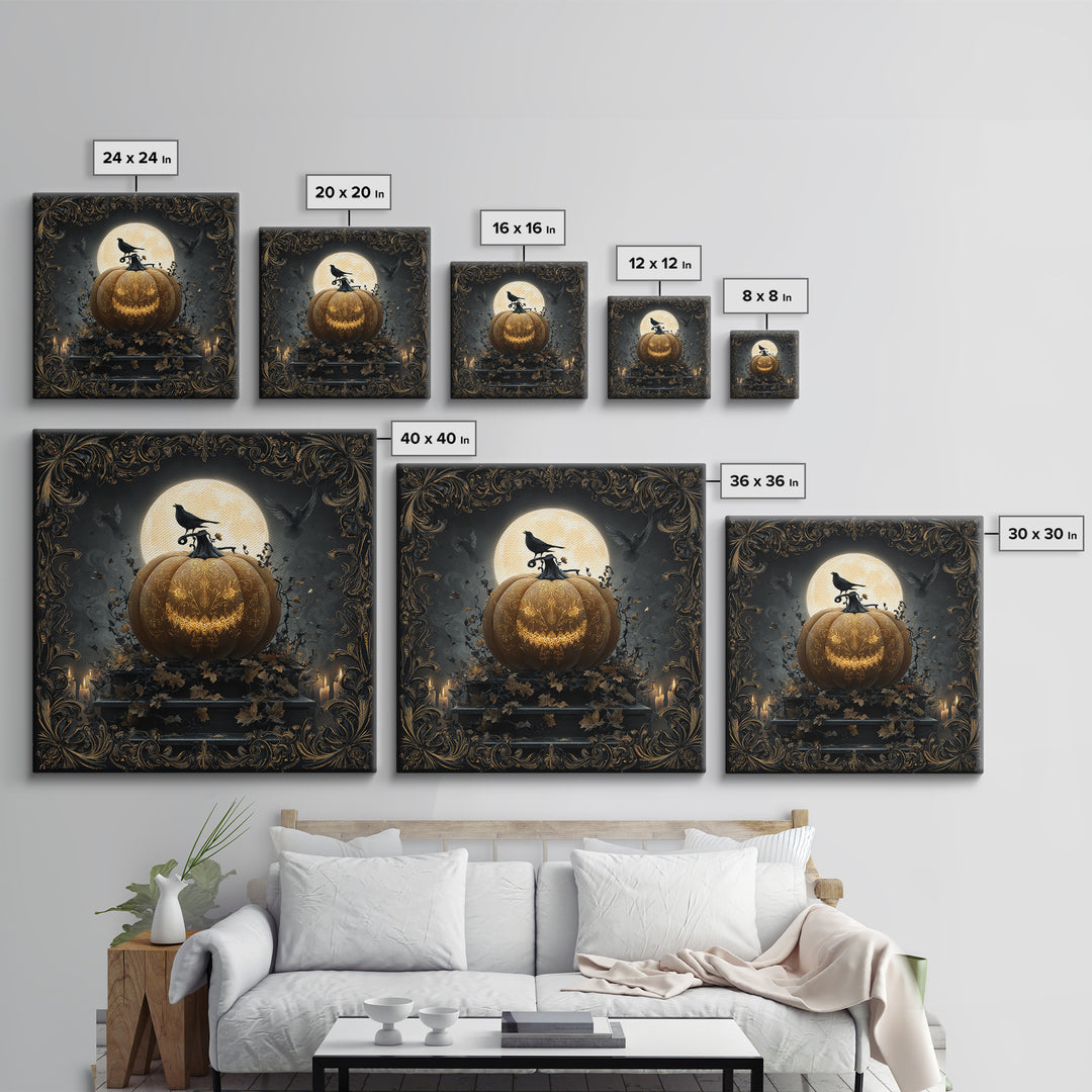 The Gold-Crowned Pumpkin Oracle - Icon Portrait, Spooky Wall Decor, Square Wall Art, Framed Canvas Print, Halloween Home Decor