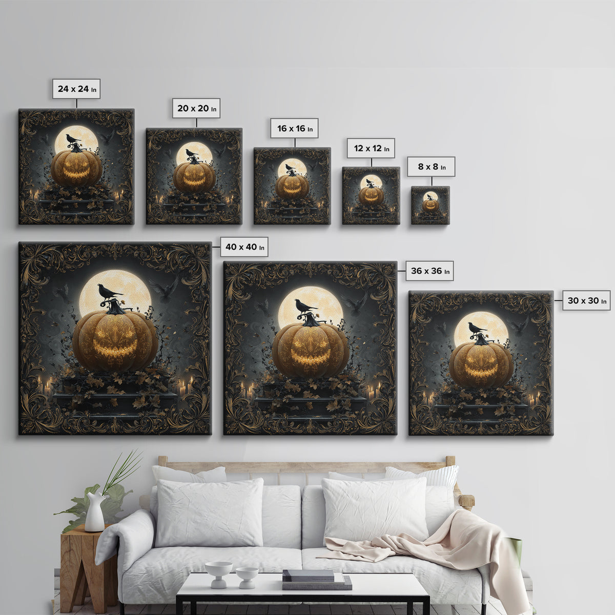 The Gold-Crowned Pumpkin Oracle - Icon Portrait, Spooky Wall Decor, Square Wall Art, Framed Canvas Print, Halloween Home Decor