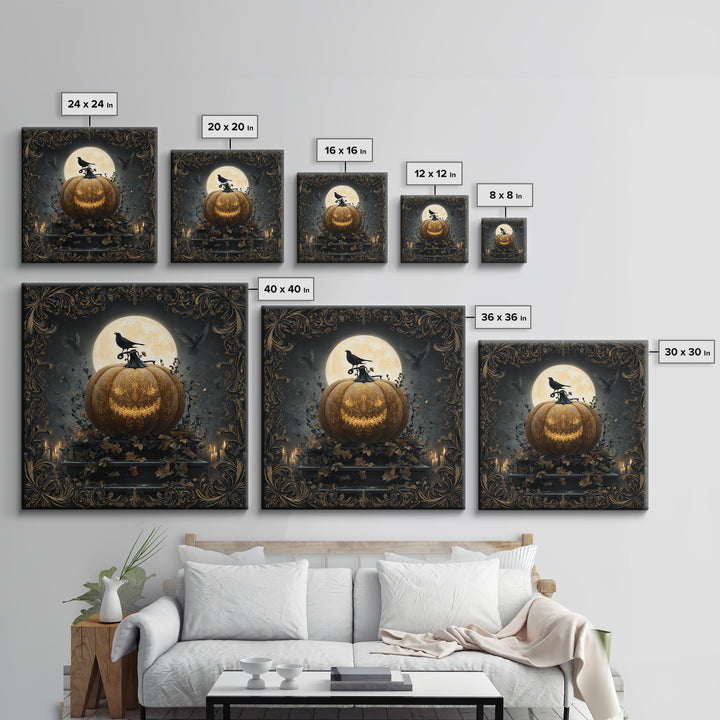 The Gold-Crowned Pumpkin Oracle - Icon Portrait, Spooky Wall Decor, Square Wall Art, Framed Canvas Print, Halloween Home Decor