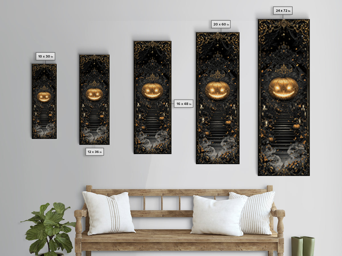 The Gold-Crowned Pumpkin Oracle - Icon Portrait, Spooky Wall Decor, Tall Narrow Wall Art, Framed Canvas Print, Halloween Home Decor
