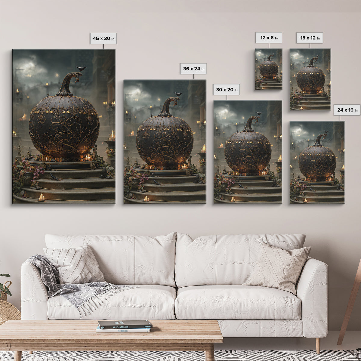 The Gold-Crowned Pumpkin Oracle - Environmental Panorama, Macabre Halloween Art, Vertical Wall Art, Framed Canvas Print, Gothic Wall Art