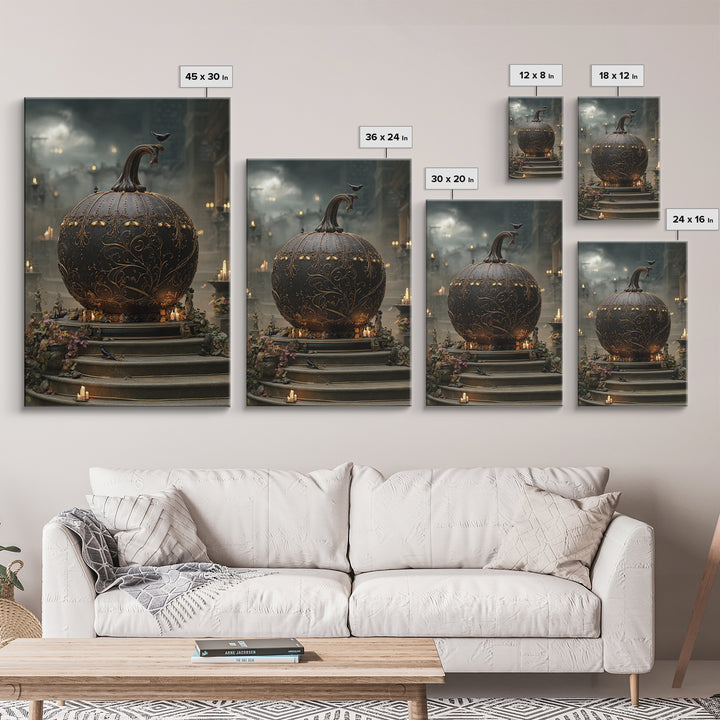 The Gold-Crowned Pumpkin Oracle - Environmental Panorama, Macabre Halloween Art, Vertical Wall Art, Framed Canvas Print, Gothic Wall Art