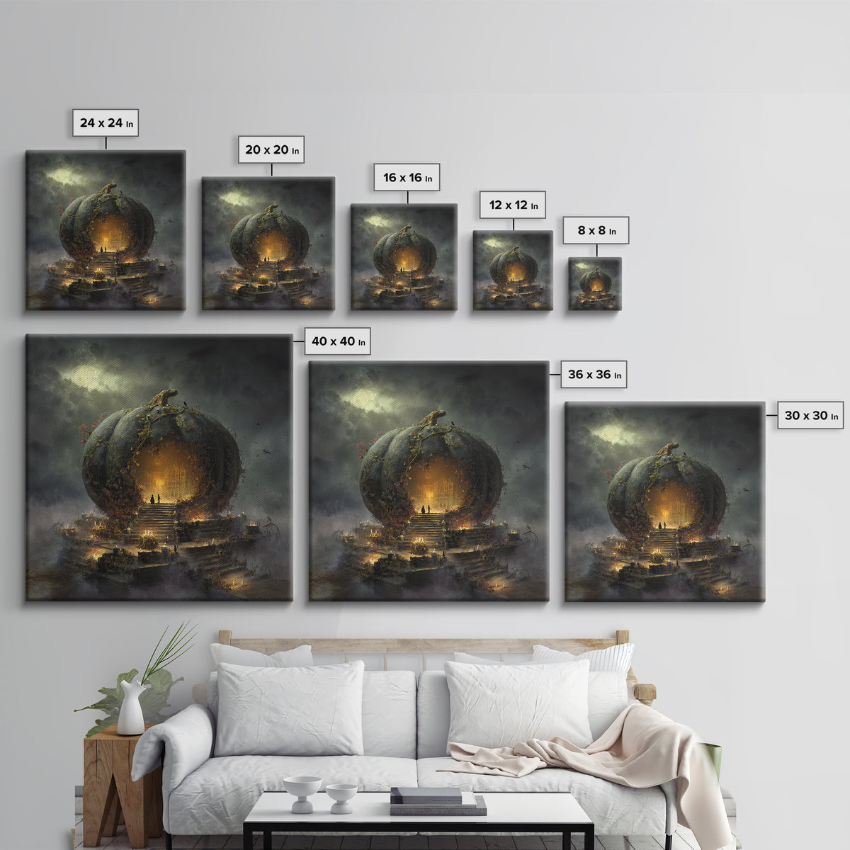 The Gold-Crowned Pumpkin Oracle - Environmental Panorama, Halloween Wall Art, Square Wall Art, Framed Canvas Print, Halloween Home Decor
