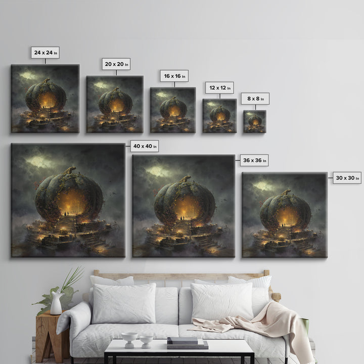 The Gold-Crowned Pumpkin Oracle - Environmental Panorama, Halloween Wall Art, Square Wall Art, Framed Canvas Print, Halloween Home Decor