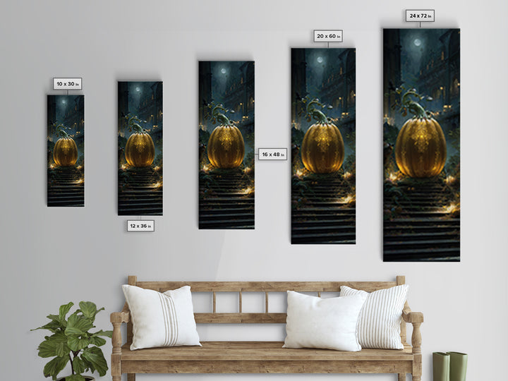 The Gold-Crowned Pumpkin Oracle - Environmental Panorama, Dark Fantasy Wall Art, Tall Narrow Wall Art, Canvas Print, Halloween Home Decor