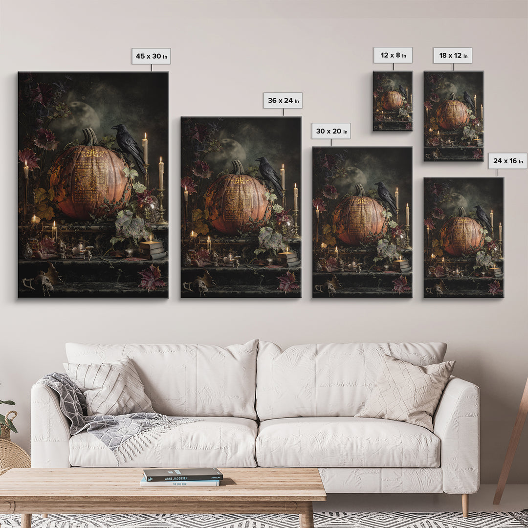 The Gold-Crowned Pumpkin Oracle - Occult Still Life, Macabre Halloween Art, Vertical Wall Art, Framed Canvas Print, Halloween Home Decor