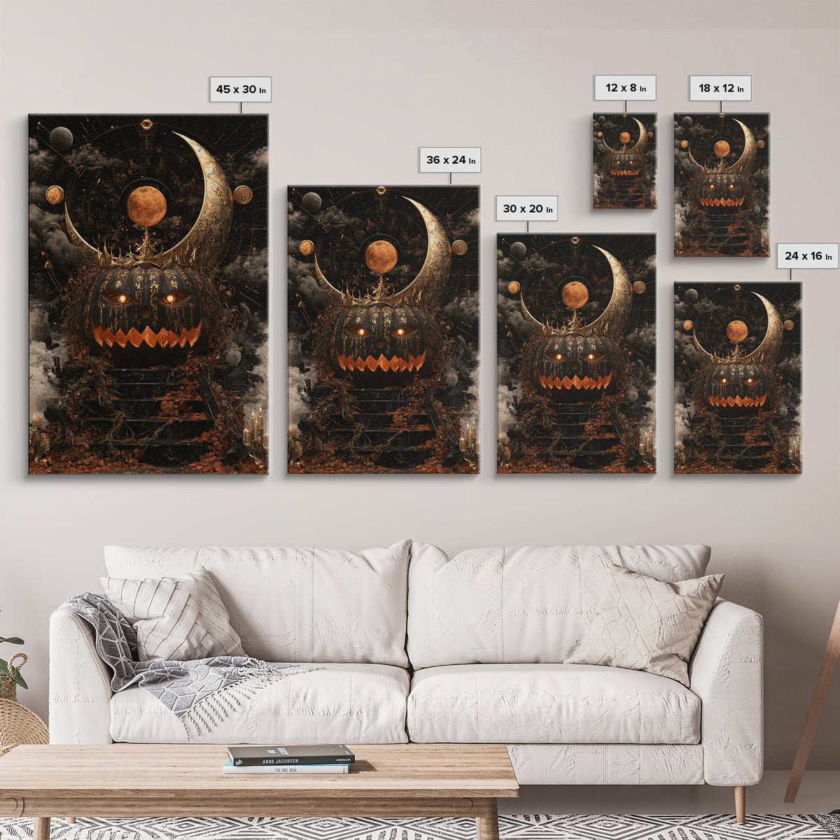 The Gold-Crowned Pumpkin Oracle - Surreal Celestial Vision, Spooky Wall Decor, Vertical Wall Art, Framed Canvas Print, Halloween Home Decor