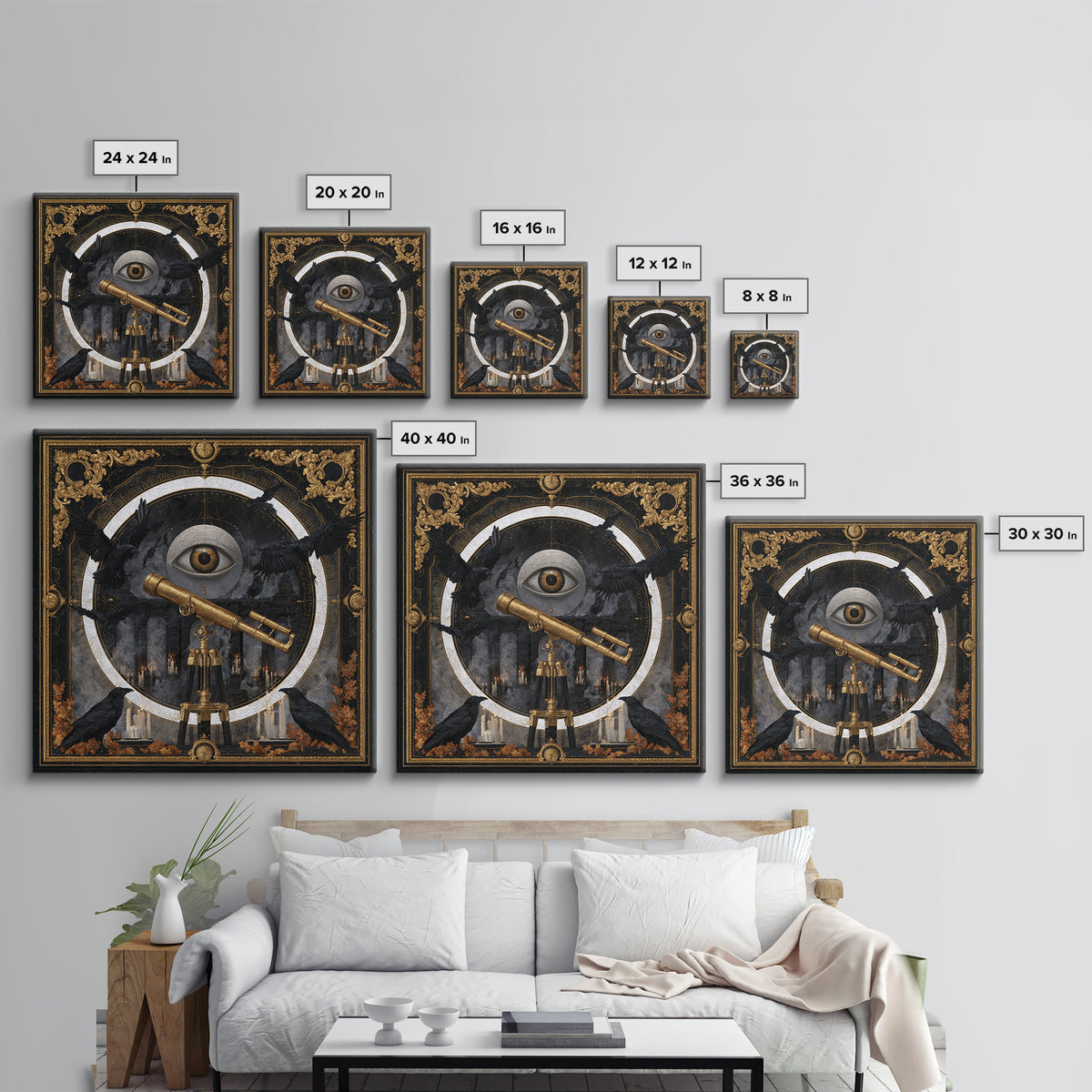 The Midnight Raven Observatory - Icon Portrait, Spooky Wall Decor, Square Wall Art, Framed Canvas Print, Halloween Home Decor