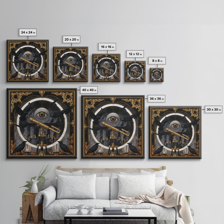 The Midnight Raven Observatory - Icon Portrait, Spooky Wall Decor, Square Wall Art, Framed Canvas Print, Halloween Home Decor