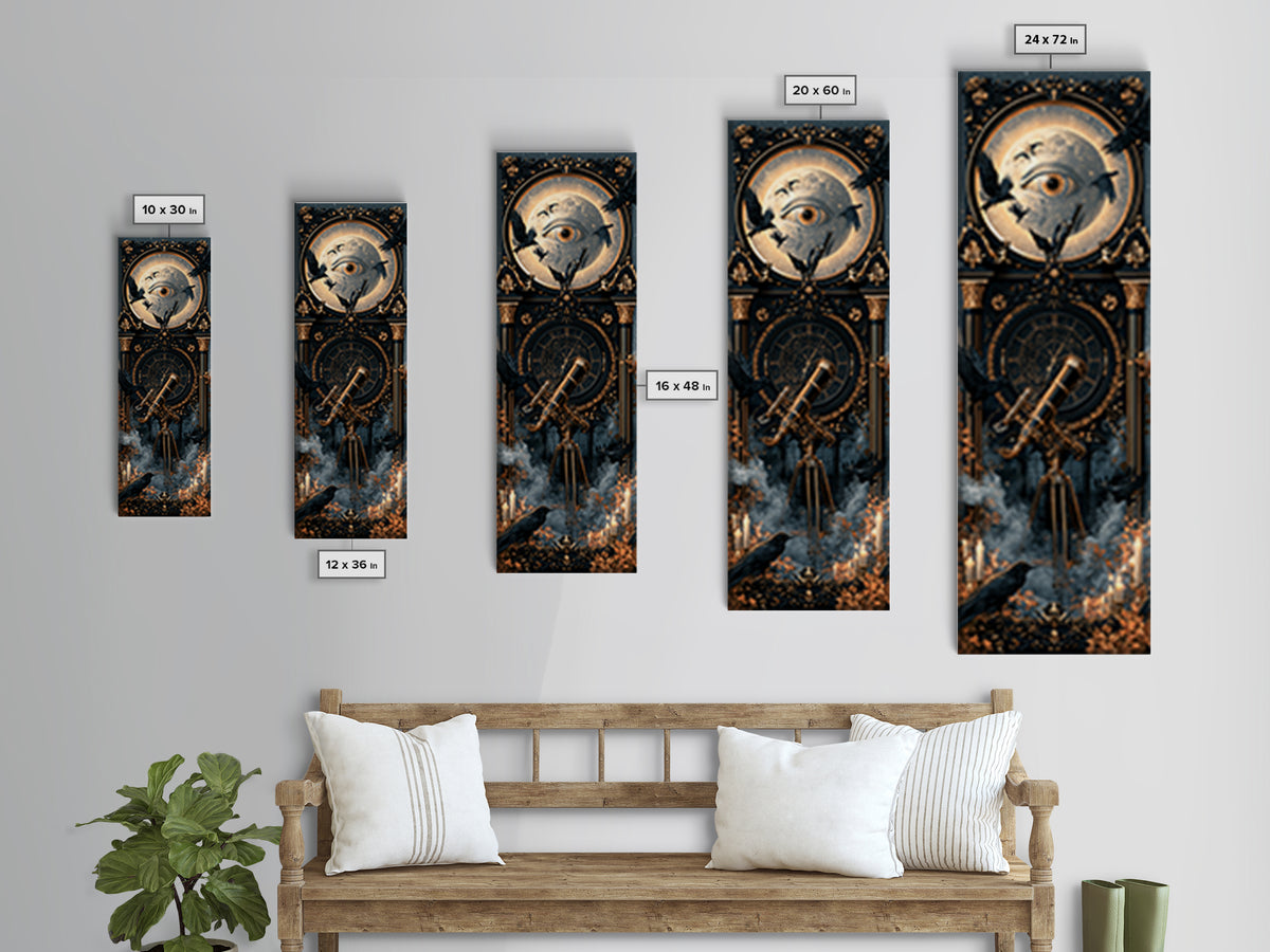 The Midnight Raven Observatory - Icon Portrait, Macabre Halloween Art, Tall Narrow Wall Art, Framed Canvas Print, Halloween Home Decor