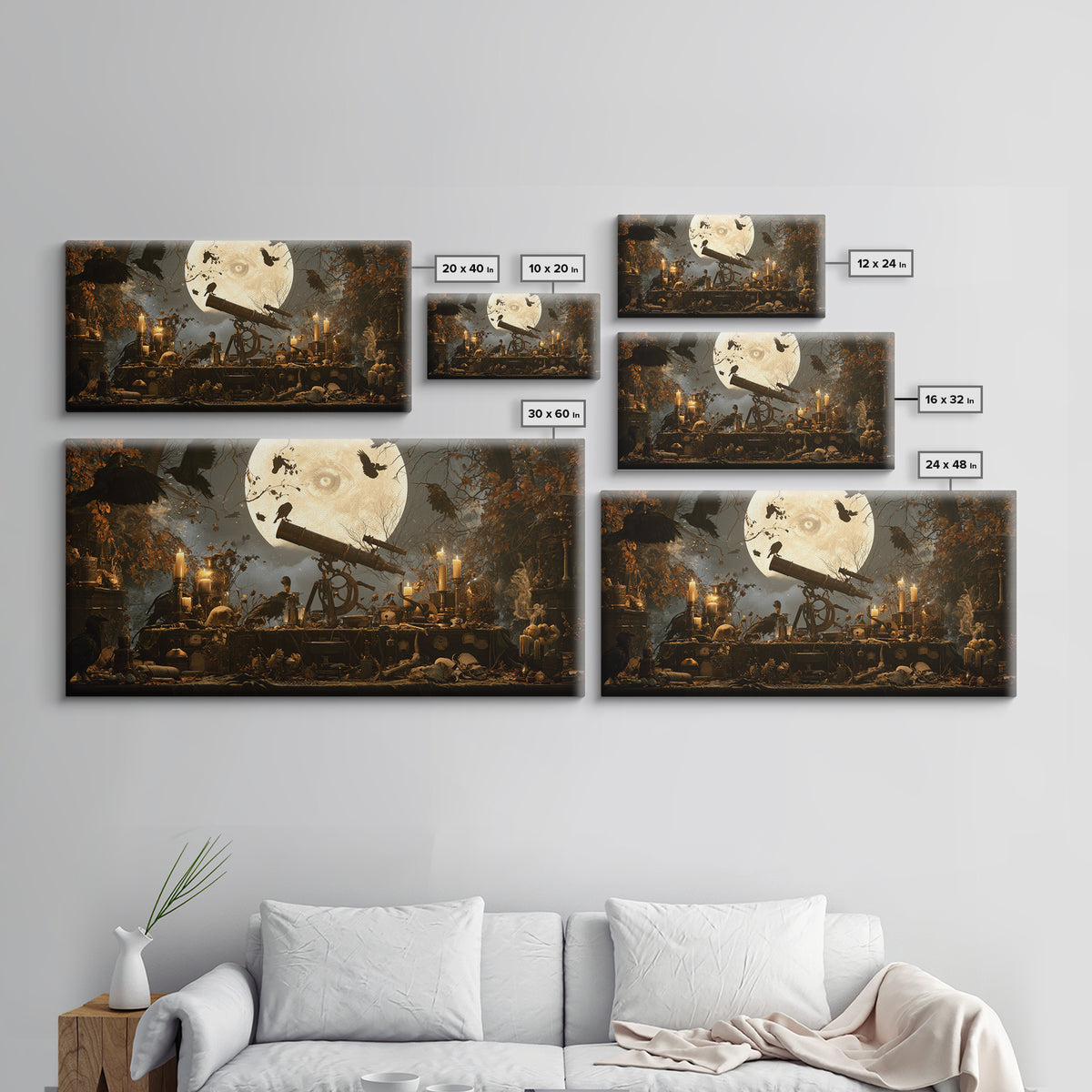 The Midnight Raven Observatory - Occult Still Life, Gothic Home Decor, Wide Panoramic Art, Canvas Print, Halloween Home Decor