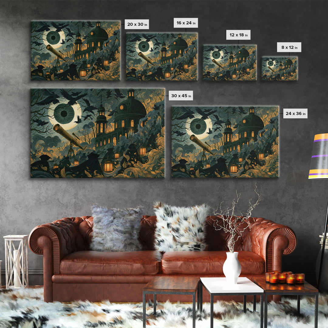 The Midnight Raven Observatory - Procession Scene, Halloween Wall Art, Landscape Wall Art, Framed Canvas Print, Halloween Home Decor
