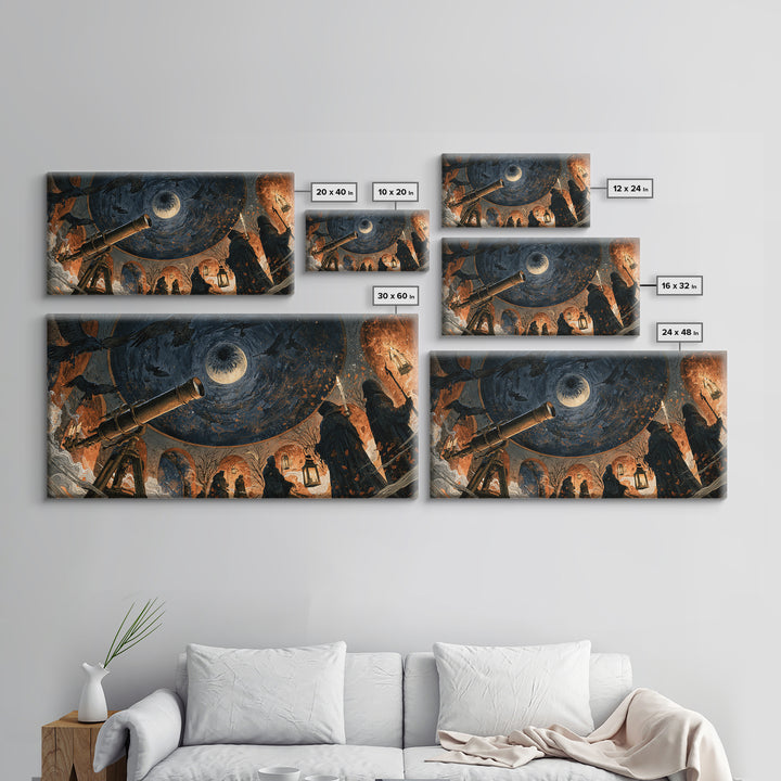 The Midnight Raven Observatory - Procession Scene, Spooky Wall Decor, Wide Panoramic Art, Framed Canvas Print, Halloween Home Decor