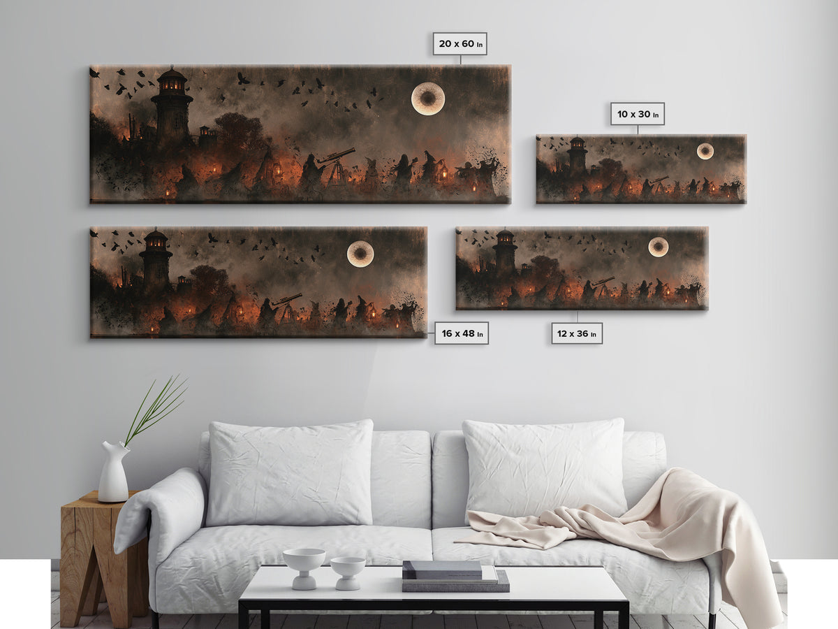 The Midnight Raven Observatory - Procession Scene, Macabre Halloween Art, Extra Wide Wall Art, Framed Canvas Print, Halloween Home Decor