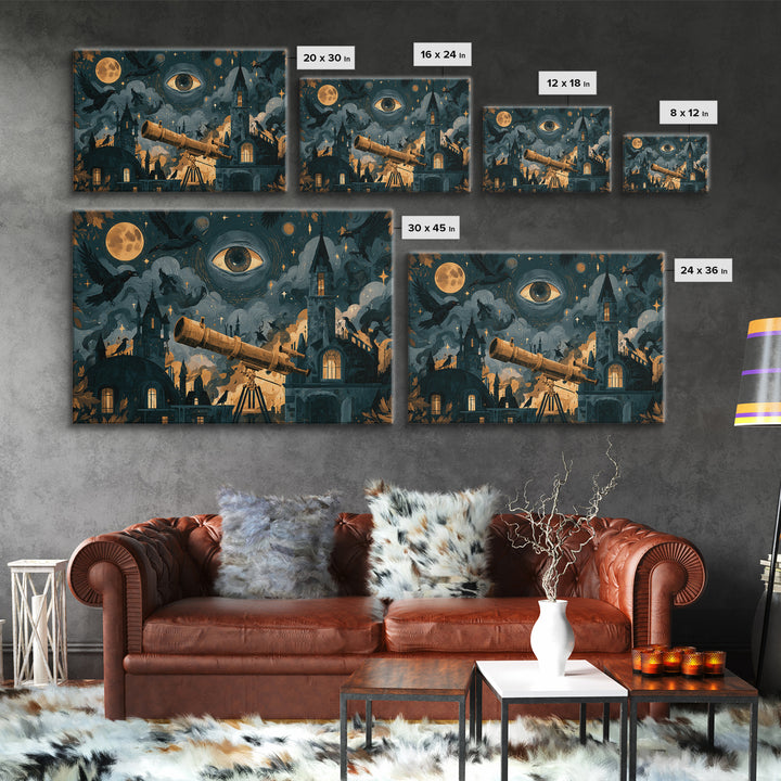 The Midnight Raven Observatory - Surreal Celestial Vision, Dark Fantasy Wall Art, Landscape Wall Art, Canvas Print, Halloween Home Decor