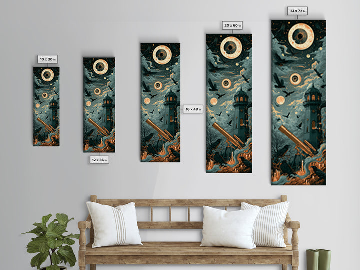 The Midnight Raven Observatory - Surreal Celestial Vision, Halloween Wall Art, Tall Narrow Wall Art, Framed Canvas Print, Gothic Wall Art