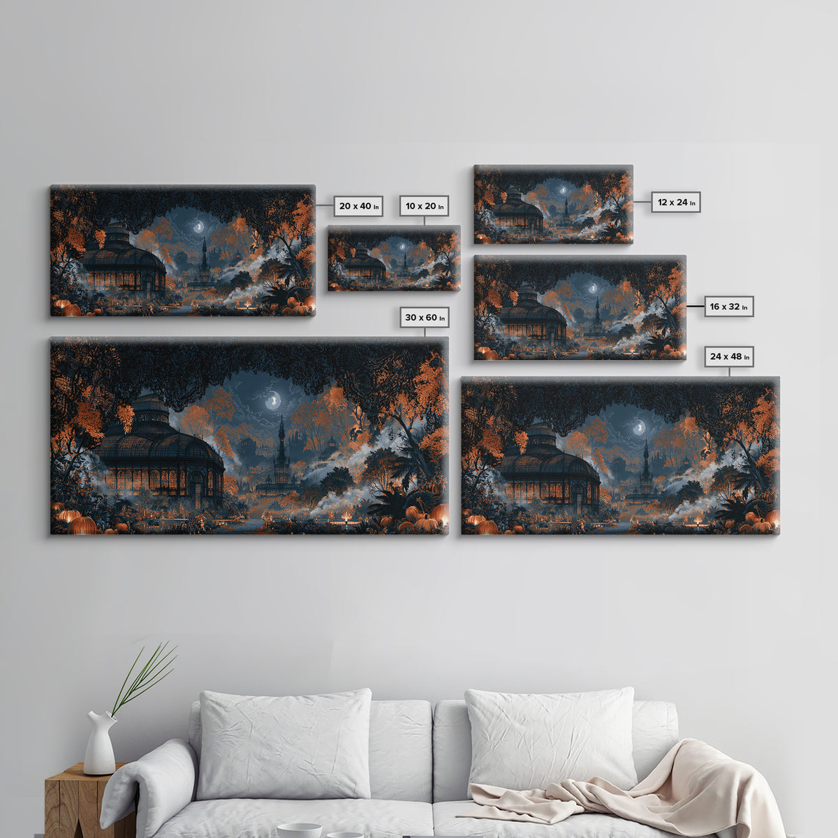 The Black Lace Haunted Conservatory - Environmental Panorama, Halloween Wall Art, Wide Panoramic Art, Framed Canvas Print, Gothic Wall Art
