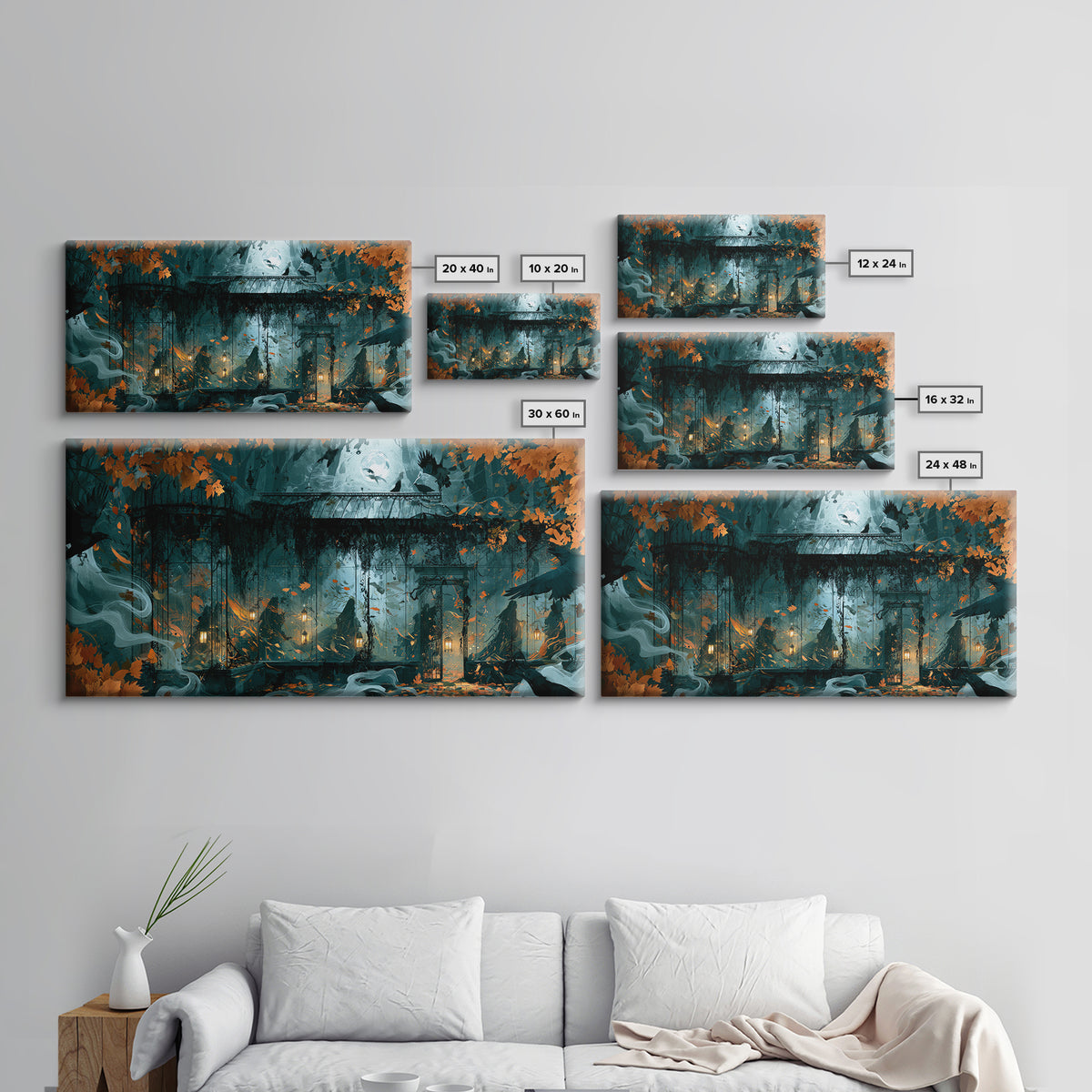 The Black Lace Haunted Conservatory - Procession Scene, Macabre Halloween Art, Wide Panoramic Art, Framed Canvas Print, Halloween Home Decor