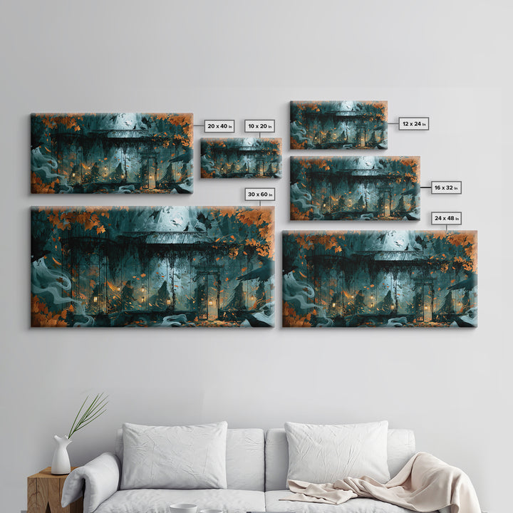 The Black Lace Haunted Conservatory - Procession Scene, Macabre Halloween Art, Wide Panoramic Art, Framed Canvas Print, Halloween Home Decor