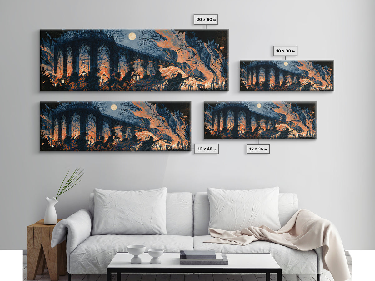 The Black Lace Haunted Conservatory - Procession Scene, Dark Fantasy Wall Art, Extra Wide Wall Art, Canvas Print, Halloween Home Decor