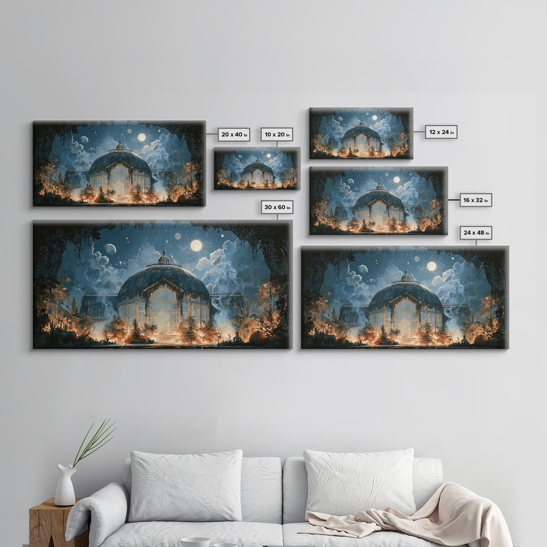The Black Lace Haunted Conservatory - Surreal Celestial Vision, Occult Wall Decor, Wide Panoramic Art, Canvas Print, Halloween Home Decor