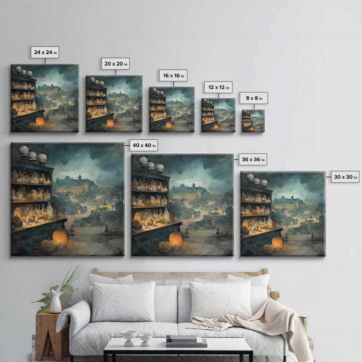 The Candlelit Skull Apothecary - Environmental Panorama, Dark Fantasy Wall Art, Square Wall Art, Canvas Print, Halloween Home Decor