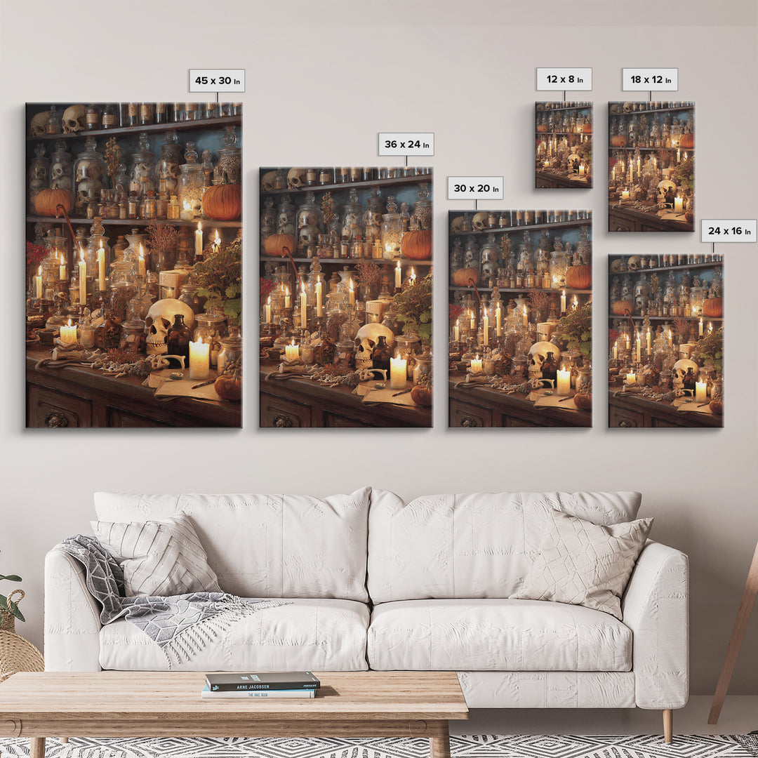 The Candlelit Skull Apothecary - Occult Still Life, Macabre Halloween Art, Vertical Wall Art, Framed Canvas Print, Halloween Home Decor