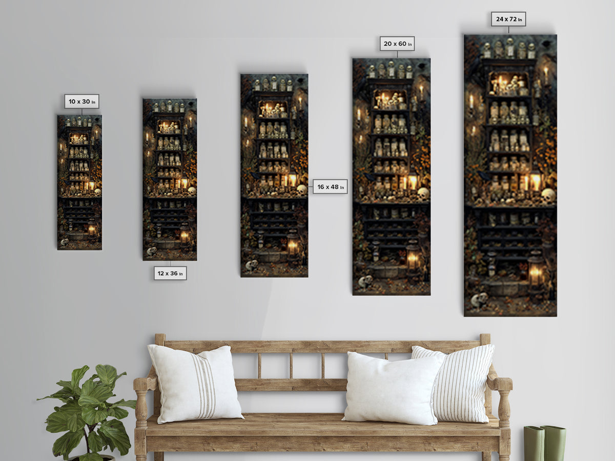 The Candlelit Skull Apothecary - Occult Still Life, Halloween Wall Art, Tall Narrow Wall Art, Framed Canvas Print, Halloween Home Decor