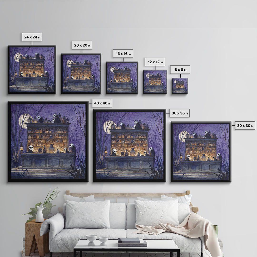 The Candlelit Skull Apothecary - Procession Scene, Macabre Halloween Art, Square Wall Art, Framed Canvas Print, Halloween Home Decor