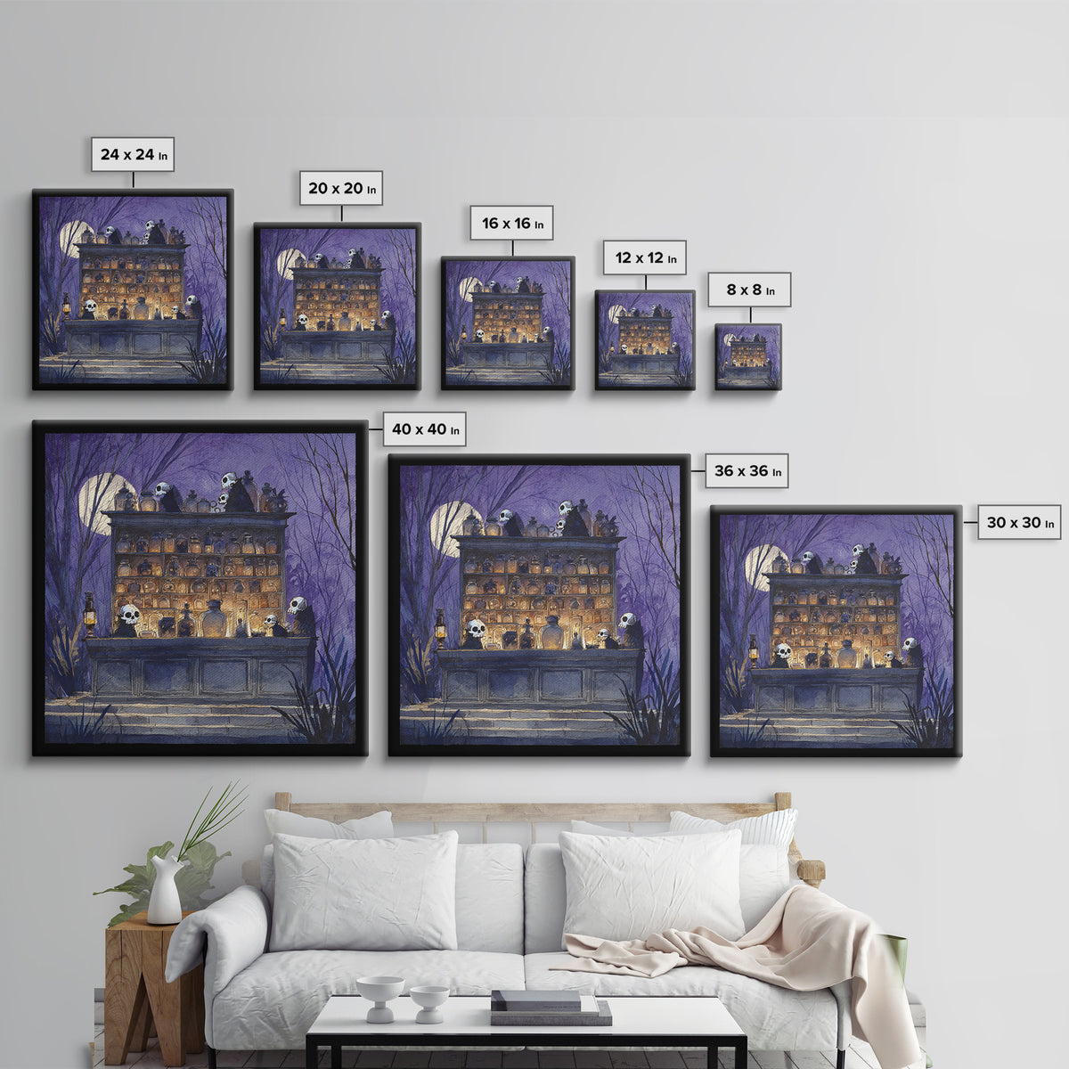 The Candlelit Skull Apothecary - Procession Scene, Macabre Halloween Art, Square Wall Art, Framed Canvas Print, Halloween Home Decor