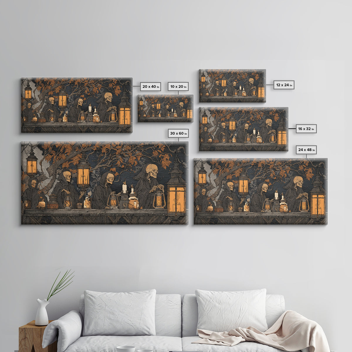 The Candlelit Skull Apothecary - Procession Scene, Spooky Wall Decor, Wide Panoramic Art, Framed Canvas Print, Halloween Home Decor