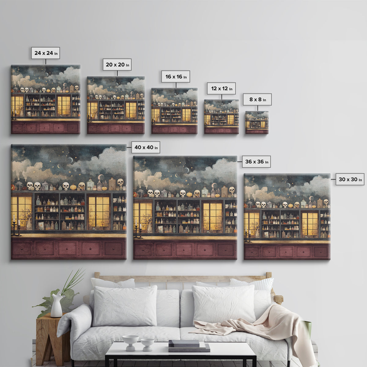 The Candlelit Skull Apothecary - Surreal Celestial Vision, Macabre Halloween Art, Square Wall Art, Framed Canvas Print, Halloween Home Decor