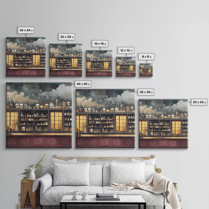 The Candlelit Skull Apothecary - Surreal Celestial Vision, Macabre Halloween Art, Square Wall Art, Framed Canvas Print, Halloween Home Decor