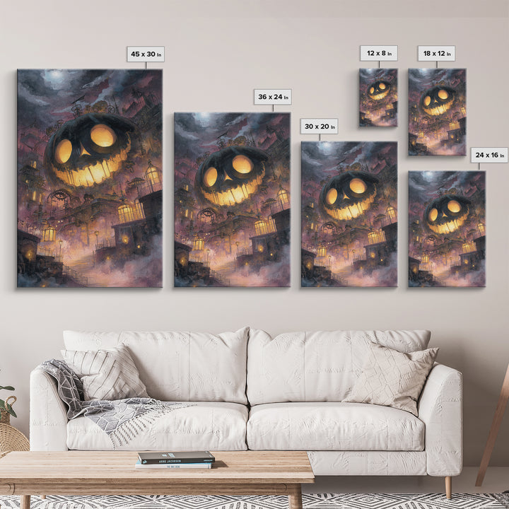 The Clockwork Jack-O-Lantern - Environmental Panorama, Macabre Halloween Art, Vertical Wall Art, Framed Canvas Print, Halloween Home Decor