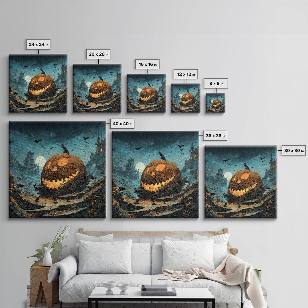 The Clockwork Jack-O-Lantern - Environmental Panorama, Macabre Halloween Art, Square Wall Art, Framed Canvas Print, Halloween Home Decor