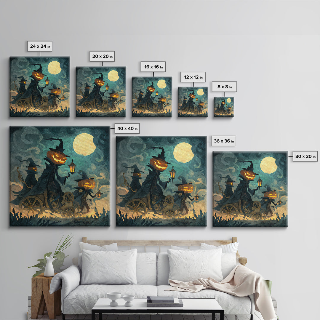The Clockwork Jack-O-Lantern - Procession Scene, Spooky Wall Decor, Square Wall Art, Framed Canvas Print, Halloween Home Decor