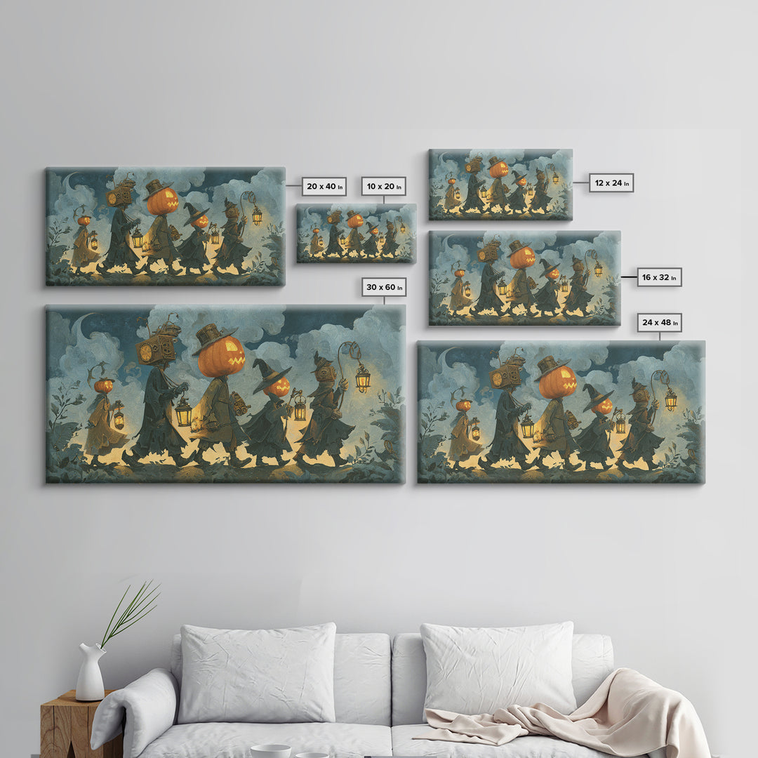 The Clockwork Jack-O-Lantern - Procession Scene, Gothic Home Decor, Wide Panoramic Art, Canvas Print, Halloween Home Decor, Gothic Wall Art