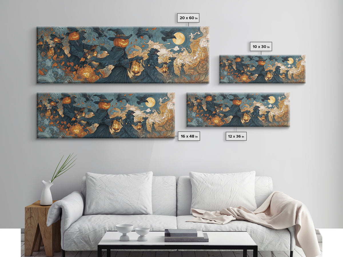 The Clockwork Jack-O-Lantern - Procession Scene, Occult Wall Decor, Extra Wide Wall Art, Canvas Print, Halloween Home Decor, Gothic Wall Art