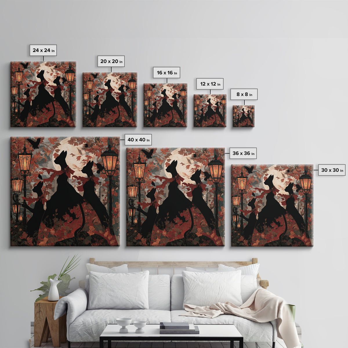 The Moonlit Cat Masquerade - Icon Portrait, Macabre Halloween Art, Square Wall Art, Framed Canvas Print, Halloween Home Decor