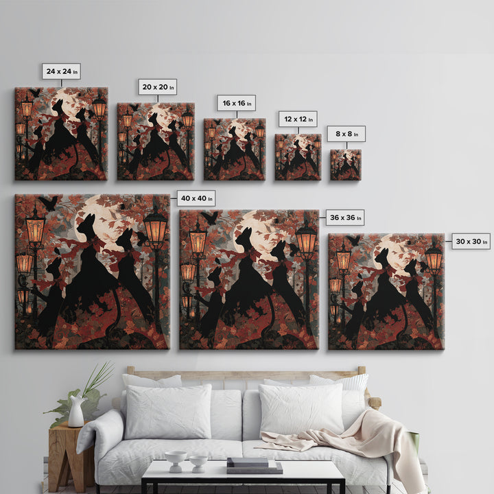 The Moonlit Cat Masquerade - Icon Portrait, Macabre Halloween Art, Square Wall Art, Framed Canvas Print, Halloween Home Decor