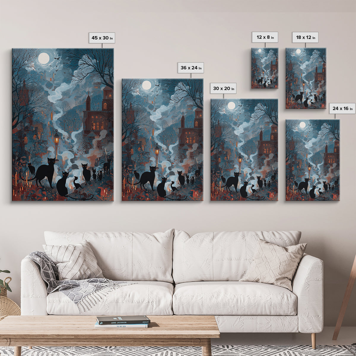 The Moonlit Cat Masquerade - Environmental Panorama, Dark Fantasy Wall Art, Vertical Wall Art, Canvas Print, Halloween Home Decor