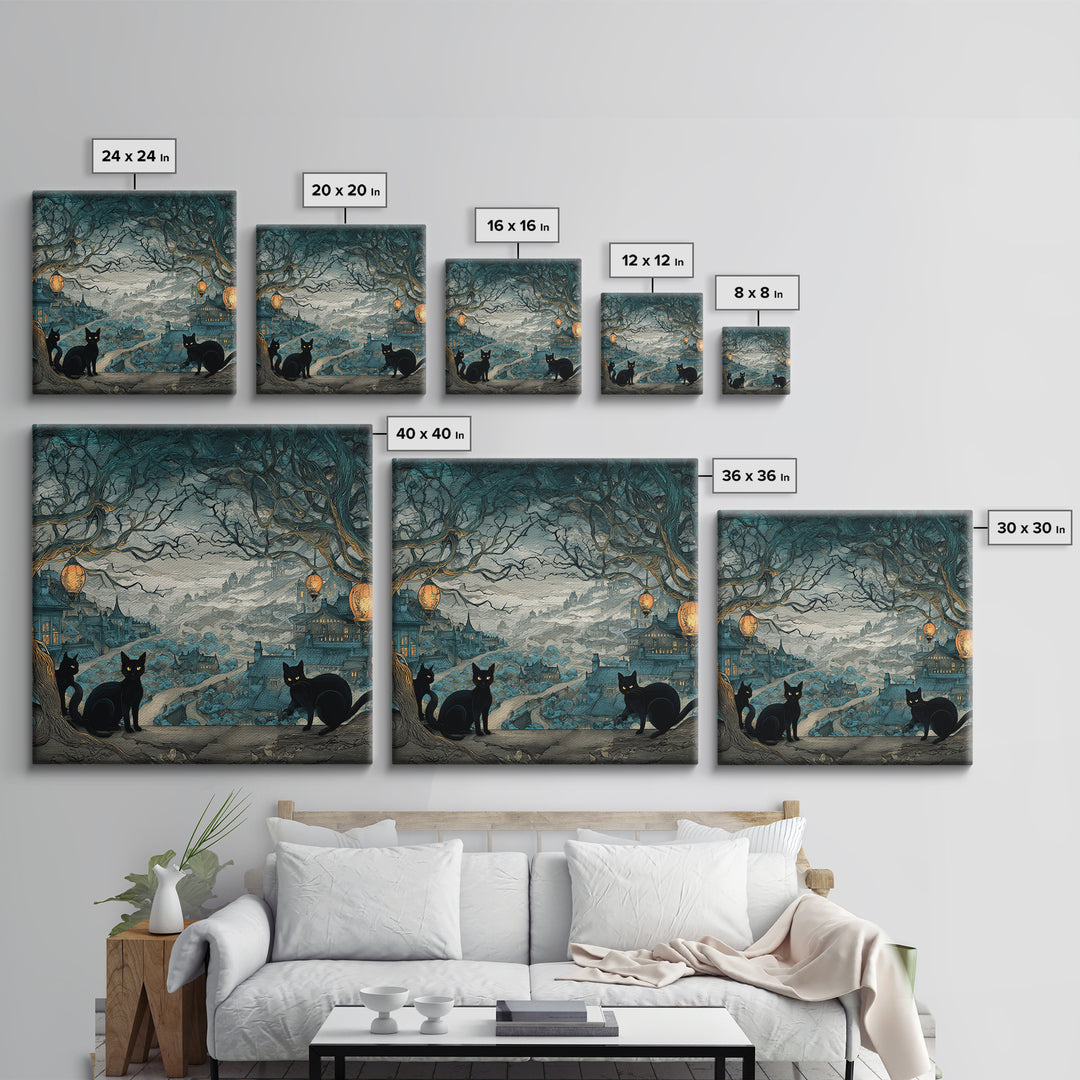 The Moonlit Cat Masquerade - Environmental Panorama, Spooky Wall Decor, Square Wall Art, Framed Canvas Print, Halloween Home Decor